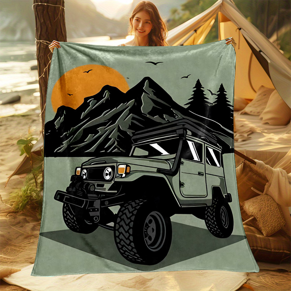 Outdoor Adventure Jeep - Przytulny koc z ilustracją jeepa kempingowego
